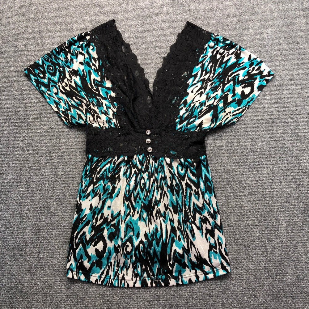 Y2K Womens Teal Black Ikat Print Lace Trim V-Neck Empire Waist Top Rhinestones